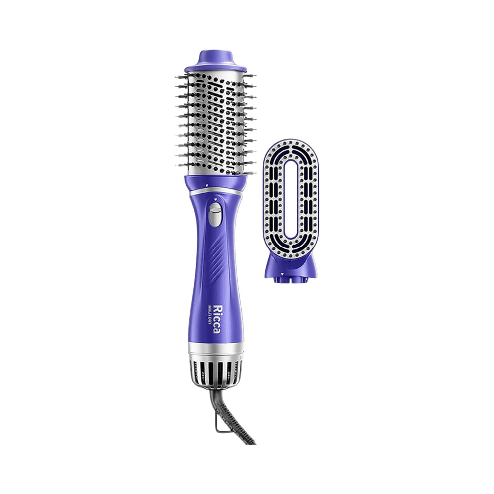 Escova secadora elétrica Ricca Multi Dry na cor roxa com detalhes em prata e cabeça removível oval.